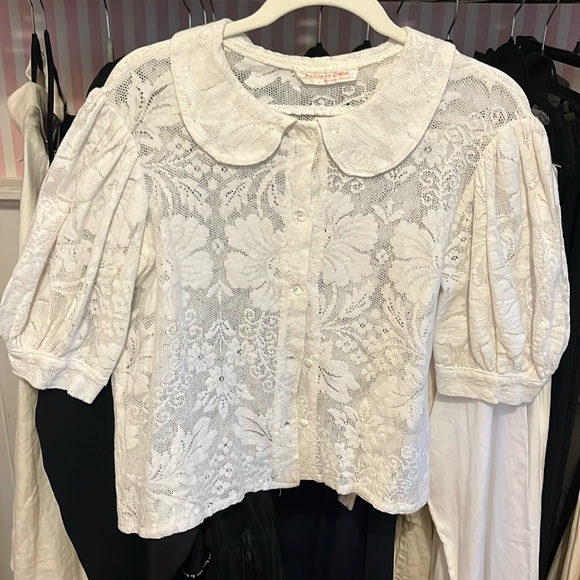 Doen Tops - Vintage 1970s Puff Sleeve Peter Pan Collar Lace Blouse